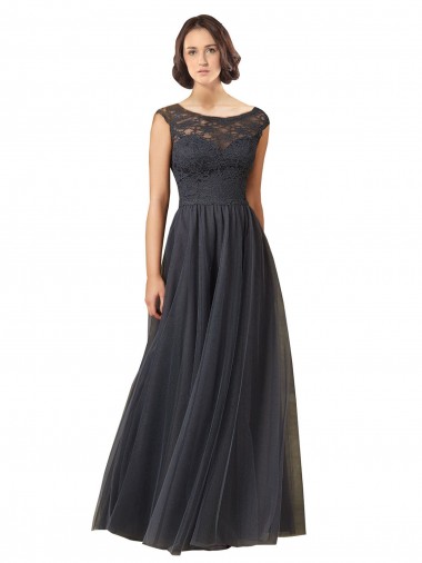 Acheter Gris ardoise Trapèze Bateau Tulle Dentelle Longue Robes demoiselle d'honneur