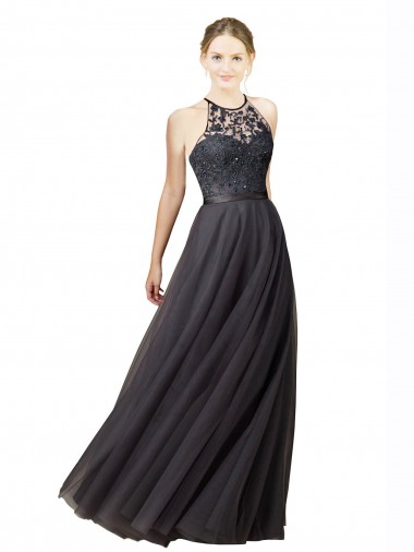 Acheter Gris ardoise Trapèze Tulle Dentelle Longue Robes demoiselle d'honneur