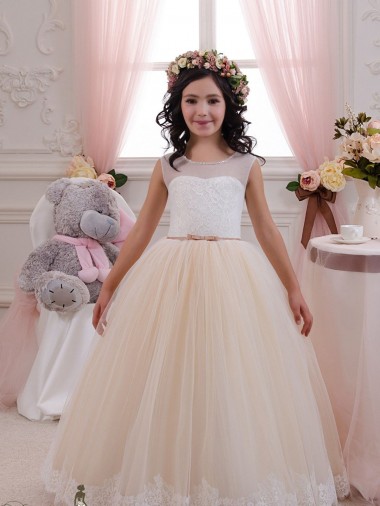 Acheter Ivoire & Champagne Princesse Tulle Dentelle Longue Robes de demoiselle d'honneur - fillette