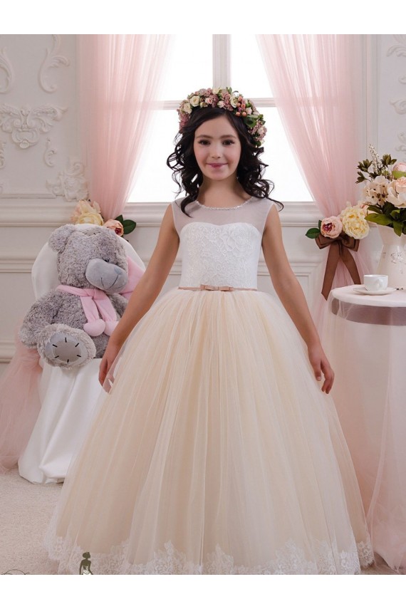 Acheter Ivoire & Champagne Princesse Tulle Dentelle Longue Robes de demoiselle d'honneur - fillette
