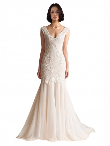 Acheter Ivoire & Champagne Sirène Col V Balayage train Tulle Robes de mariée