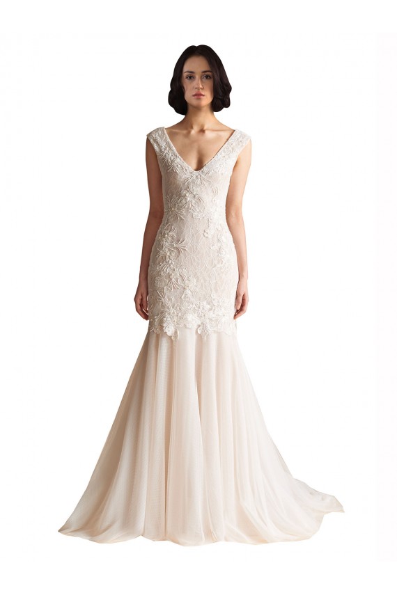Acheter Ivoire & Champagne Sirène Col V Balayage train Tulle Robes de mariée