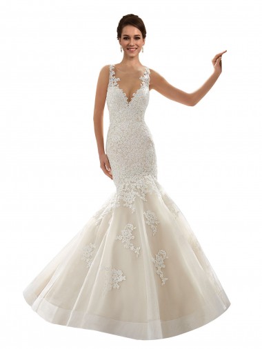 Acheter Ivoire & Champagne Sirène Col V Tulle Dentelle Classique Robes de mariée