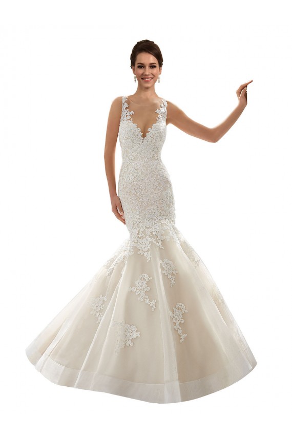 Acheter Ivoire & Champagne Sirène Col V Tulle Dentelle Classique Robes de mariée