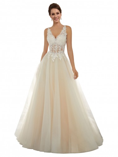 Acheter Ivoire & Champagne Trapèze Col V Tulle Dentelle Classique Robes de mariée