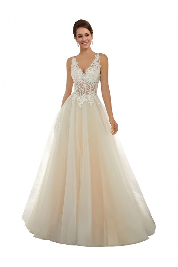 Acheter Ivoire & Champagne Trapèze Col V Tulle Dentelle Classique Robes de mariée