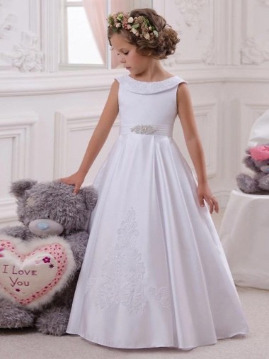 Acheter Ivoire Princesse Bateau Satiné Dentelle Longue Robes de demoiselle d'honneur - fillette