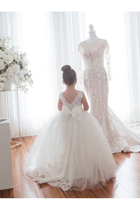 Acheter Ivoire Princesse Bateau Tulle Dentelle Longue Robes de demoiselle d'honneur - fillette