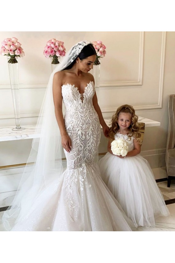 Acheter Ivoire Princesse Bateau Tulle Dentelle Longue Robes de demoiselle d'honneur - fillette