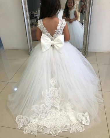 Acheter Ivoire Princesse Bateau Tulle Dentelle Longue Robes de demoiselle d'honneur - fillette