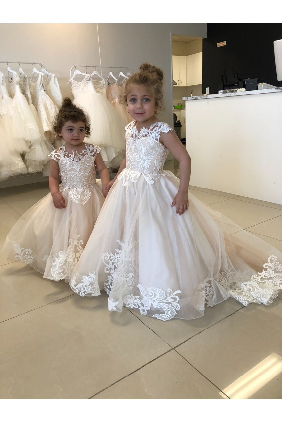 Acheter Ivoire Princesse Bateau Tulle Dentelle Longue Robes de demoiselle d'honneur - fillette