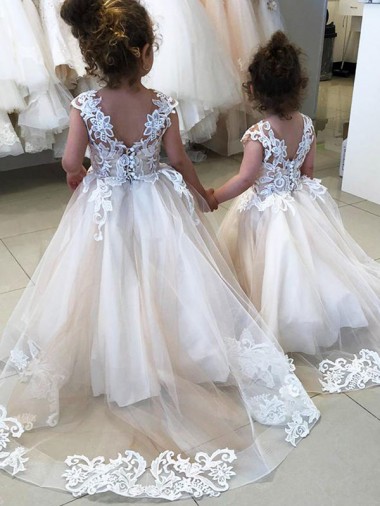 Acheter Ivoire Princesse Bateau Tulle Dentelle Longue Robes de demoiselle d'honneur - fillette