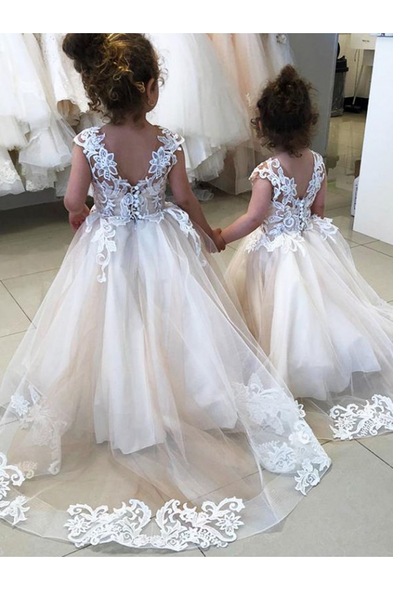 Acheter Ivoire Princesse Bateau Tulle Dentelle Longue Robes de demoiselle d'honneur - fillette