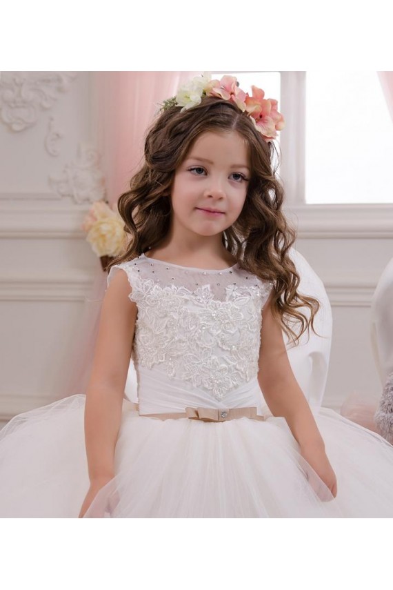 Acheter Ivoire Princesse Bateau Tulle Dentelle Longue Robes de demoiselle d'honneur - fillette
