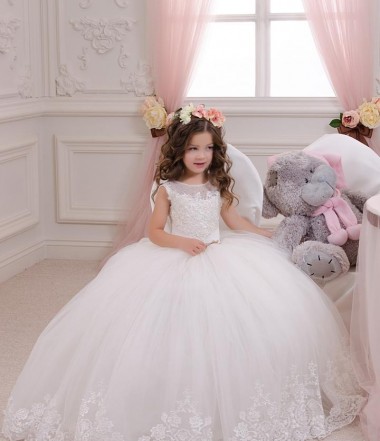 Acheter Ivoire Princesse Bateau Tulle Dentelle Longue Robes de demoiselle d'honneur - fillette