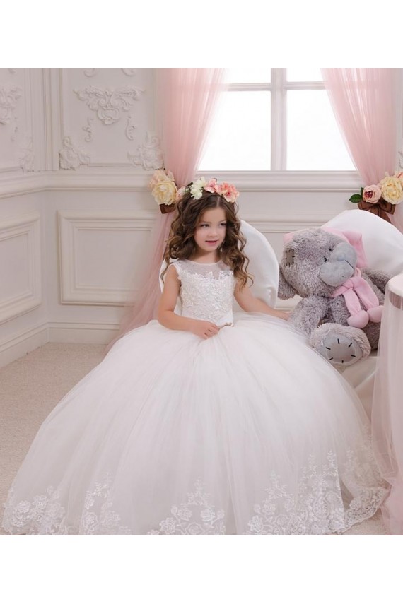 Acheter Ivoire Princesse Bateau Tulle Dentelle Longue Robes de demoiselle d'honneur - fillette