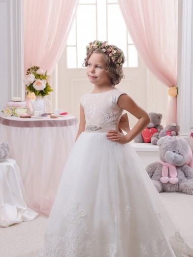 Acheter Ivoire Princesse Bateau Tulle Dentelle Longue Robes de demoiselle d'honneur - fillette