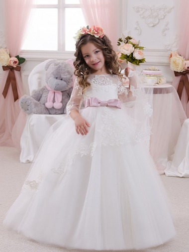 Acheter Ivoire Princesse Bateau Tulle Dentelle Longue Robes de demoiselle d'honneur - fillette