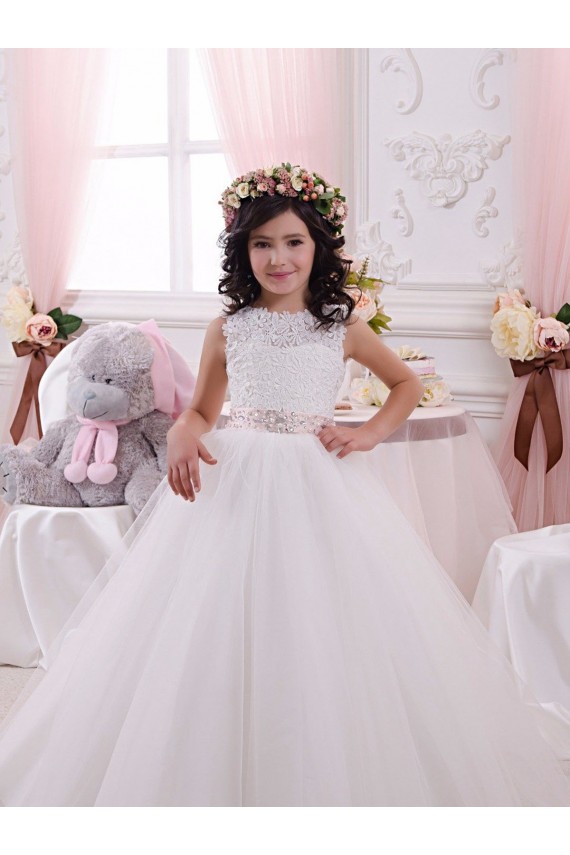 Acheter Ivoire Princesse Bateau Tulle Dentelle Longue Robes de demoiselle d'honneur - fillette