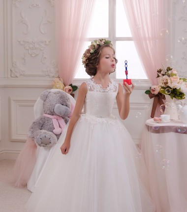 Acheter Ivoire Princesse Col Haut Tulle Dentelle Longue Robes de demoiselle d'honneur - fillette