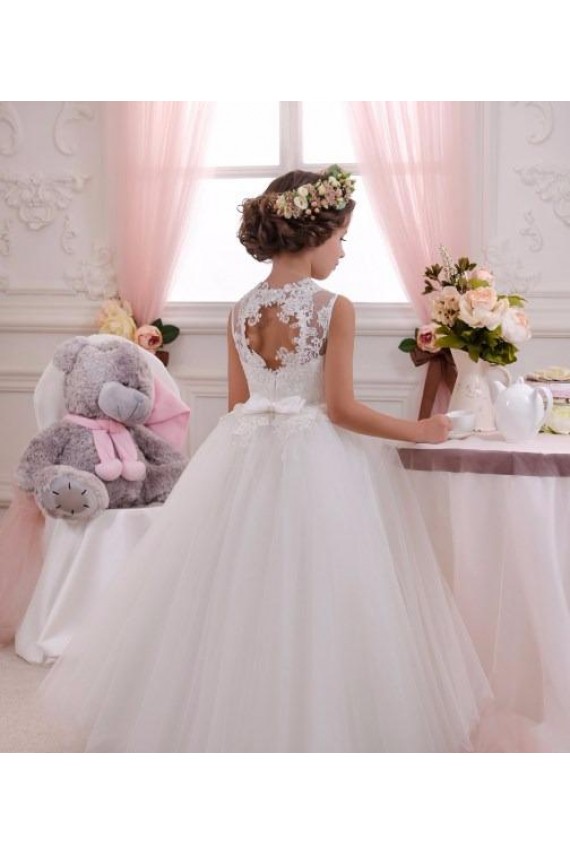 Acheter Ivoire Princesse Col Haut Tulle Dentelle Longue Robes de demoiselle d'honneur - fillette