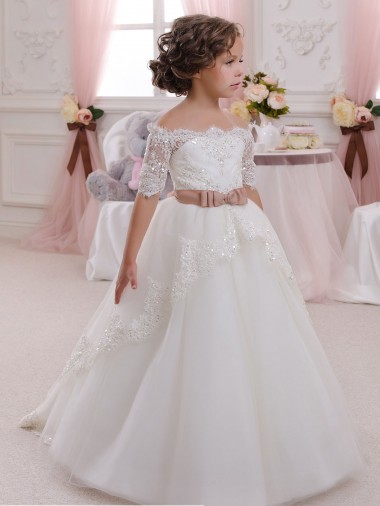 Acheter Ivoire Princesse Col Haut Tulle Dentelle Longue Robes de demoiselle d'honneur - fillette