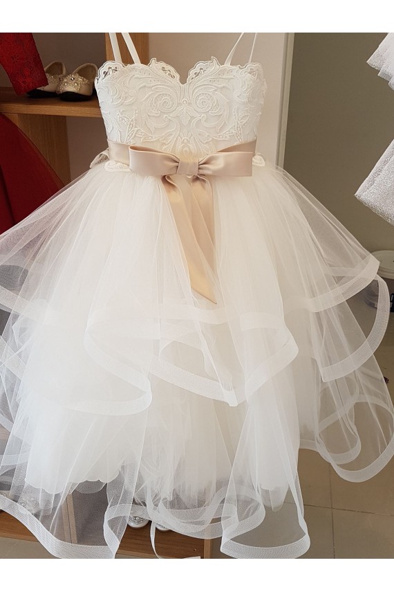 Acheter Ivoire Princesse Col Haut Tulle Dentelle Longue Robes de demoiselle d'honneur - fillette
