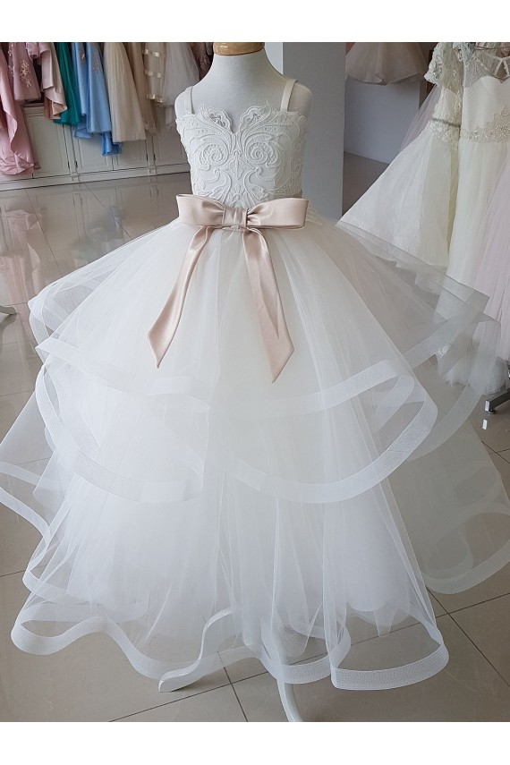 Acheter Ivoire Princesse Col Haut Tulle Dentelle Longue Robes de demoiselle d'honneur - fillette