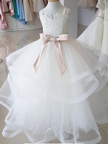 Acheter Ivoire Princesse Col Haut Tulle Dentelle Longue Robes de demoiselle d'honneur - fillette