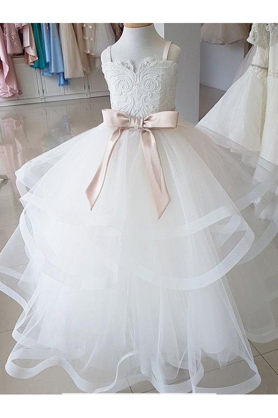 Acheter Ivoire Princesse Col Haut Tulle Dentelle Longue Robes de demoiselle d'honneur - fillette