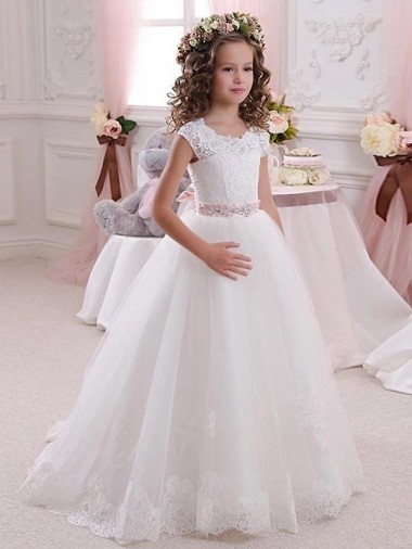 Acheter Ivoire Princesse Col Haut Tulle Dentelle Longue Robes de demoiselle d'honneur - fillette