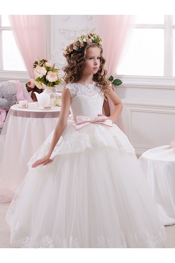 Acheter Ivoire Princesse Tulle Dentelle Longue Robes de demoiselle d'honneur - fillette