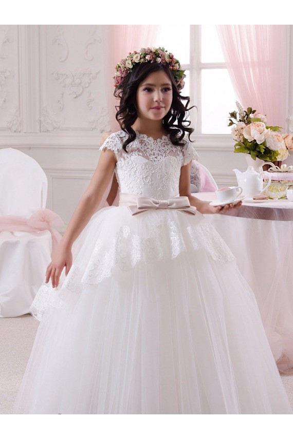 Acheter Ivoire Princesse Tulle Dentelle Longue Robes de demoiselle d'honneur - fillette