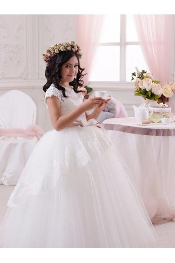 Acheter Ivoire Princesse Tulle Dentelle Longue Robes de demoiselle d'honneur - fillette