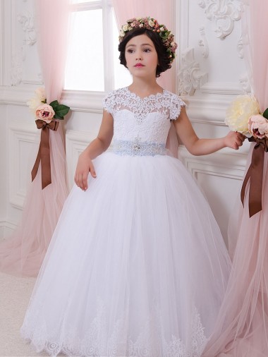 Acheter Ivoire Princesse Tulle Dentelle Longue Robes de demoiselle d'honneur - fillette