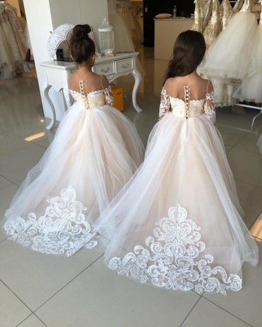 Acheter Ivoire Princesse Tulle Dentelle Longue Robes de demoiselle d'honneur - fillette