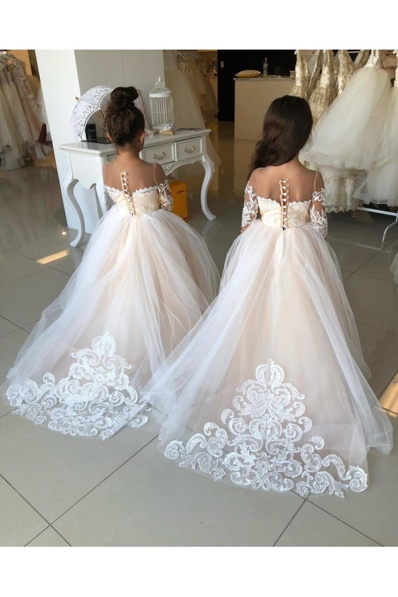 Acheter Ivoire Princesse Tulle Dentelle Longue Robes de demoiselle d'honneur - fillette