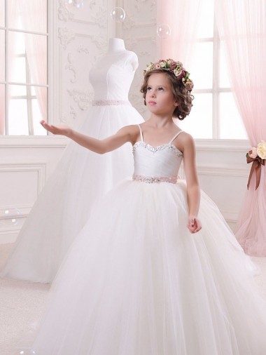 Acheter Ivoire Princesse Tulle Longue Robes de demoiselle d'honneur - fillette