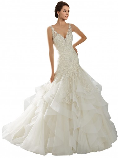 Acheter Ivoire Sirène Col V Tulle Robes de mariée