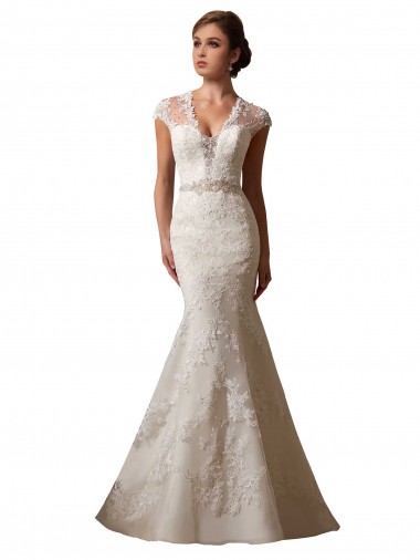 Acheter Ivoire Sirène Illusion Col V Tulle Dentelle Robes de mariée