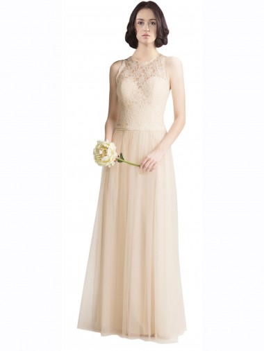 Acheter Ivoire Trapèze Bateau Illusion Tulle Dentelle Longue Robes demoiselle d'honneur