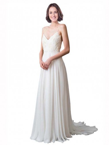 Acheter Ivoire Trapèze Bretelles spaghetti Col V Mousseline Dentelle Plage Robes de mariée