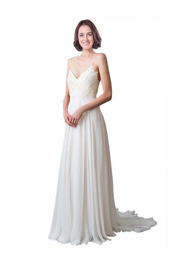 Acheter Ivoire Trapèze Bretelles spaghetti Col V Mousseline Dentelle Plage Robes de mariée