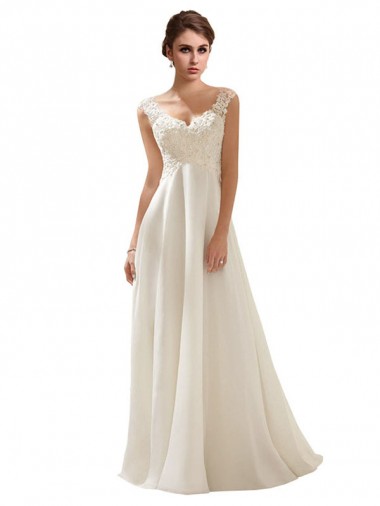 Acheter Ivoire Trapèze Col V Balayage train Mousseline Dentelle Robes de mariée