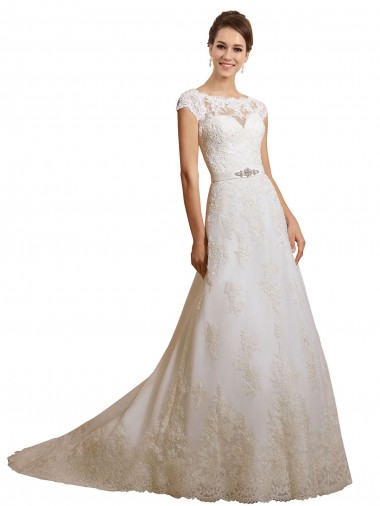 Acheter Ivoire Trapèze Illusion Tulle Dentelle Classique Robes de mariée