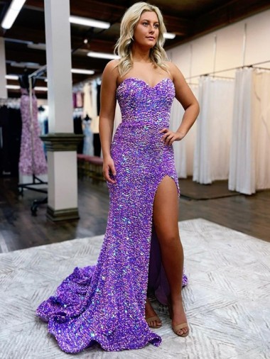 Acheter Lavande Trapèze Traîne moyenne Paillettes Velours Longue Robes de bal