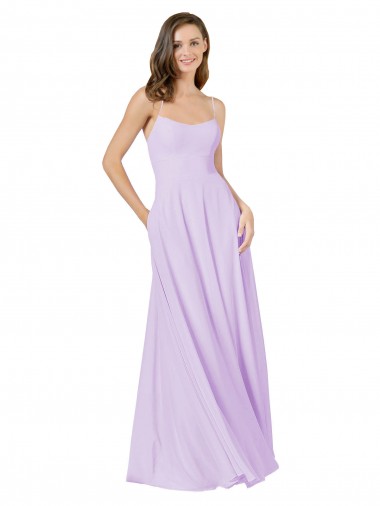 Acheter Lilas Trapèze Bretelles spaghetti Col Carré Mousseline Longue Robes demoiselle d'honneur