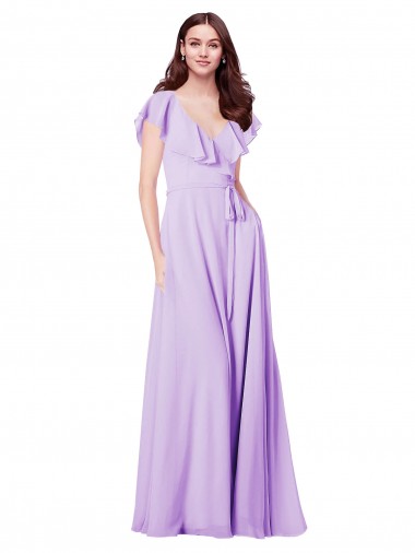Acheter Lilas Trapèze Col V Mousseline Longue Robes demoiselle d'honneur