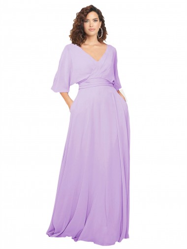 Acheter Lilas Trapèze Col V Mousseline Longue Robes demoiselle d'honneur
