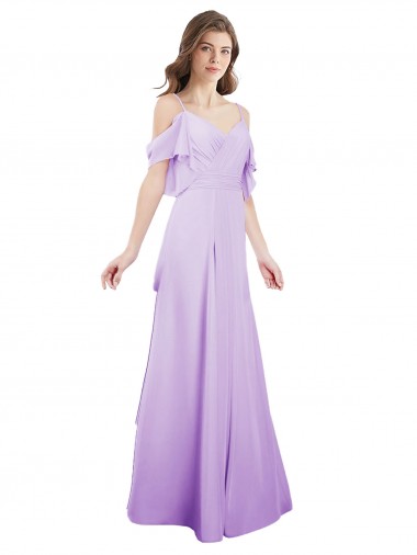 Acheter Lilas Trapèze Épaule Dénudée Bretelles spaghetti Mousseline Longue Robes demoiselle d'honneur